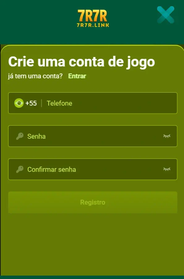 Tela de cadastro 7R7R mostrando processo simples de registro